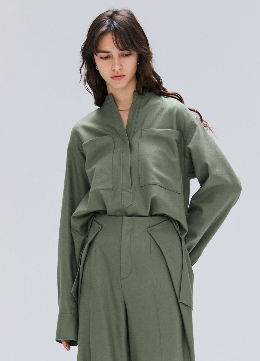 質感羊毛開領口袋襯衫